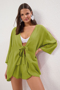 Plaj Giyim Yag Yesili Dokuma Baglama Detayl? Yuksek Bel Mini Bluz-Sort Tak?m TBESS25AU00050