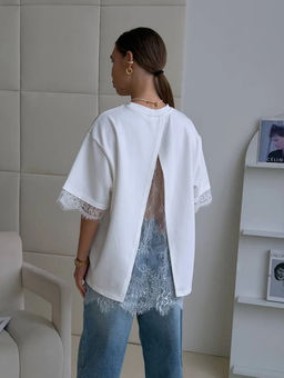 K13425 Футболка с кружевом OVER SIZE (хлопок) БЕЛЫЙ