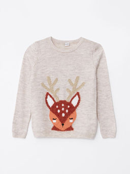 Bisiklet Yaka Desenli Uzun Kollu K?z ?ocuk Triko Kazak