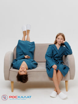 Подростковый вафельный халат с капюшоном темно-бирюзовый В-18 (23)