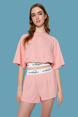 Trendyolmilla Ac?k Pembe Pamuklu Slogan Lastik Detayl? Sortlu Orme Pijama Tak?m? THMSS23PT00154