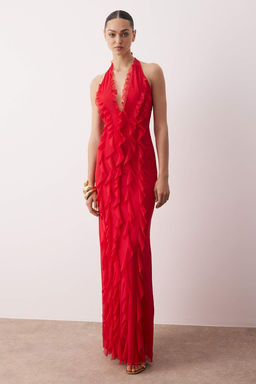 Limited Edition K?rm?z? F?rf?rl? Astarl? Tul Abiye Gece Mezuniyet Elbisesi TPRSS25AE00063
