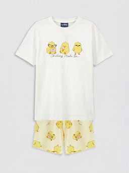 Bask?l? K?z ?ocuk ?ortlu Pijama Tak?m?