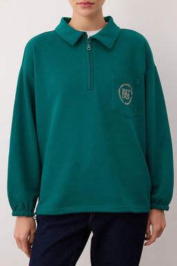 Zumrut Yesili Yar?m Pat Fermuarl? Nak?sl? Oversize/Genis Kal?p Orme Sweatshirt TWOAW26SW00191 - Trendyolmilla фото 3