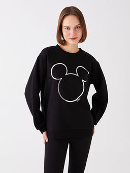 Bisiklet Yaka Mickey Mouse Bask?l? Uzun Kollu Oversize Kad?n Sweatshirt