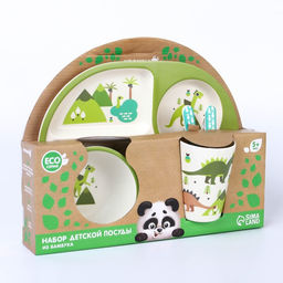 Набор детской посуды из бамбука Динозаврики, 5 предметов: тарелка, миска, стакан, столовые приборы - Крошка я фото 2