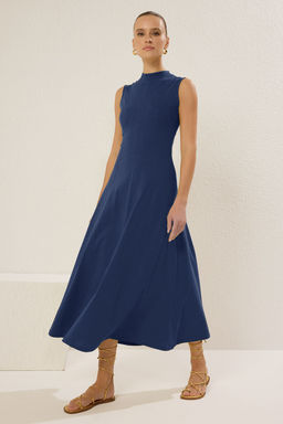 Indigo Dik Yaka A Line/Can Kesim Pamuklu Maxi Orme Elbise TWOSS25EL00462 - Trendyolmilla фото 2