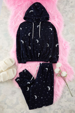 Lacivert Kapusonlu Galaksi Desenli Polar K?sl?k Orme Pijama Tak?m? THMAW22PT0365