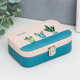 Шкатулка кожзам для украшений Растения в горшочках сине-розовая 5х15х10 см