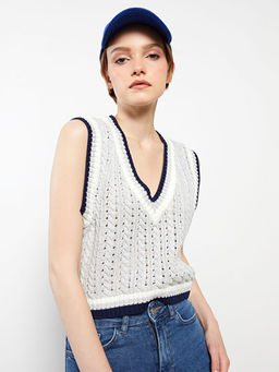 V Yaka Kendinden Desenli Kad?n Triko S?veter