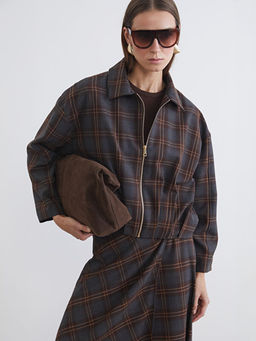 G?mlek Yaka Ekose Oversize Kad?n Ceket