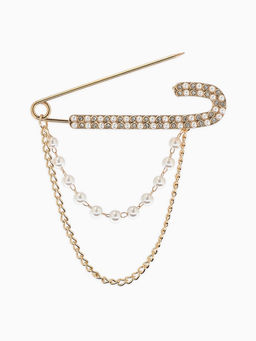 Булавка «Шик цепочки и жемчуга», в стразах, L=7.5 см, белая в золоте