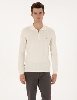 Ekru Slim Fit Polo Yaka Fermuarl_ Basic Triko Kazak