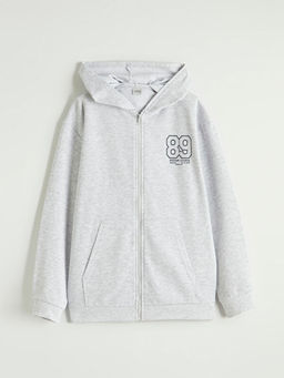 Bask?l? Kap??onlu Erkek ?ocuk Fermuarl? Sweatshirt