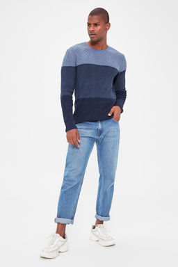 TRENDYOL MAN Indigo Regular Bisiklet Yaka Renk Bloklu Kazak TMNAW20LS0026 - Trendyolmilla фото 10