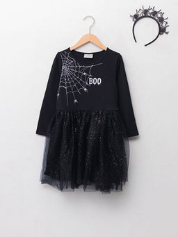 Bisiklet Yaka Bask?l? Uzun Kollu K?z ?ocuk Elbise ve Ta?