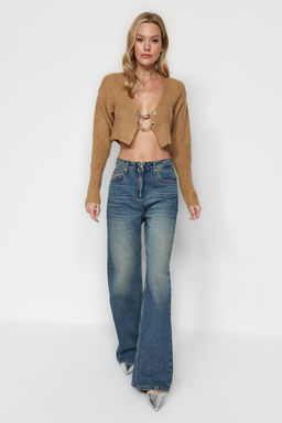TRENDYOLMILLA Mavi More Sustainable Soluk Efekt Vintage Fermuar Detayl? Yuksek Bel Wide Leg Jeans TWOAW24JE00315