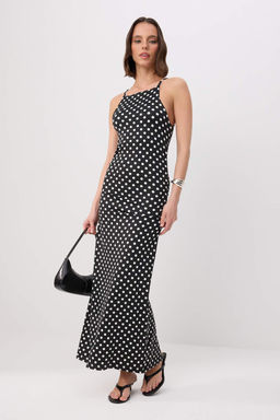 Siyah Puantiyeli Fitted/V_cuda Oturan Halter Yaka B_zg_l_ Midi Yumu_ak _rme Elbise TWOSS26EL01091