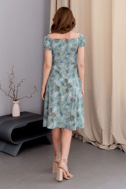 Мятное платье принт с кокеткой на резинке