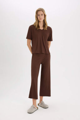 Fall in Love Pijama Tak?m? Fitilli Kaskorse K?sa Kollu Pijama Ustu Esnek Belli Kapri Boy PiJama Alt? - Defacto фото 2