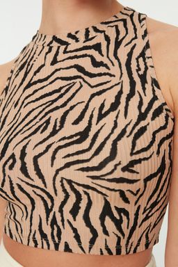 Camel Animal Bask?l? Halter Yaka Fitted/Vucuda Oturan Crop Esnek Orme Bluz TWOSS22BZ0879