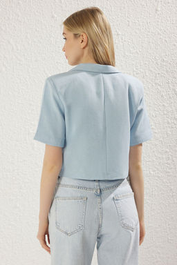 TRENDYOLMILLA Ac?k Mavi Keten K?sa Kollu Baglama Detayl? Dokuma Blazer Ceket TWOSS25BC00027  фото 9