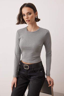 Gri Melanj Premium Viskon Bisiklet Yaka Crop Esnek Orme Bluz TWOAW24BZ00116