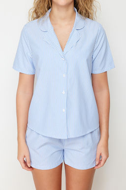 Trendyolmilla Mavi 3lu Paket Pamuklu Cizgili Ip Ask?l? Poplin Bra-Gomlek-Sort Dokuma Pijama Tak?m? THMSS24PT00121 фото 4