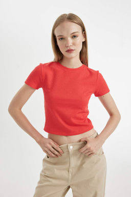 Женская классная приталенная базовая футболка с короткими рукавами и вафельным узором