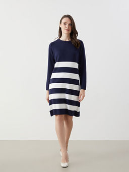 Bisiklet Yaka Renk Bloklu Kad?n Triko Elbise