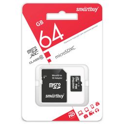 Карта памяти Micro-SDXC 64Гб "SmartBuy" Class10 LE, + адаптер SD