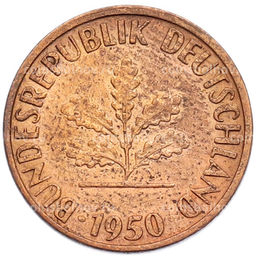 Монета 1 пфенниг 1950 года J Западная Германия (ФРГ)