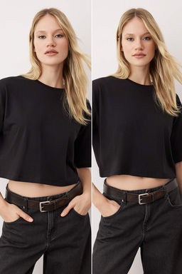 Siyah-Siyah 2li Paket %100 Pamuk Relax/Rahat Kesim Crop Orme T-Shirt TWOSS24TS00224