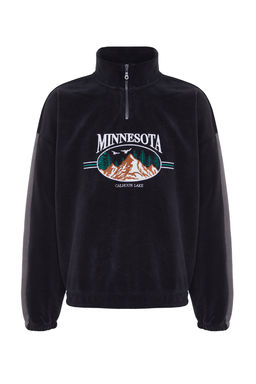 Antrasit Unisex Oversize/Genis Kesim Dik Yaka Anti-pilling Polar Sweatshirt TMNAW24SW00034