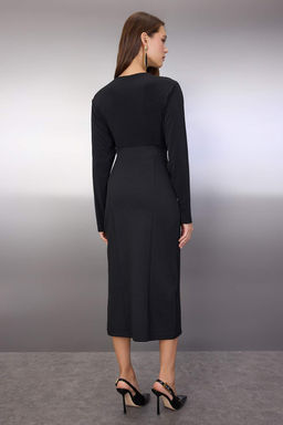 Siyah Duz Ustu Dokumlu Bodycon Midi Orme Elbise TWOAW26EL00200 - Trendyolmilla фото 4