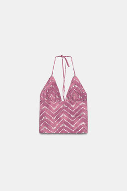 TOP HALTER ESTAMPADO LENTEJUELAS / Fucsia - Zara фото 6