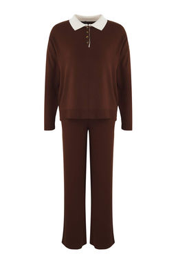 Kahverengi Polo Yaka Renk Bloklu Kazak-Pantolon Triko Alt - Ust Tak?m TWOAW26AU00011 - Trendyolmilla фото 5