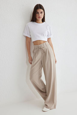 Bej Kemerli Wide Leg/Genis Paca Dokuma Pantolon Pantolon TWOSS25PL00031 Palazzo