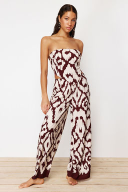 Etnik Desenli Desenli Dokuma Straplez Bluz Pantolon Plaj Tak?m TBESS24AU00017