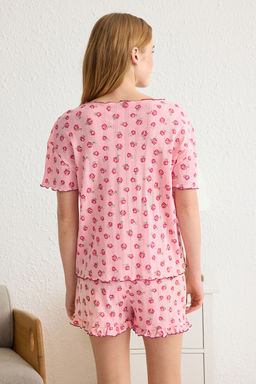 Trendyolmilla Pembe Cicekli F?rf?rl? Pointel Ajurlu/Delikli Sortlu Orme Pijama Tak?m? THMSS25PT00010  фото 6