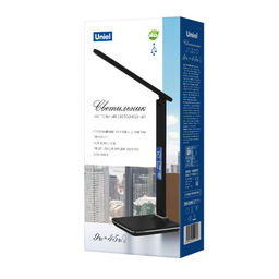 TLD-551 Brown/LED/450Lm/3000-6000K/Dimmer/USB Светильник настольный c часами, календарем, термометром, 9W. Сенсорный выключатель. Коричневый (стилизован под кожу). TM Uniel.