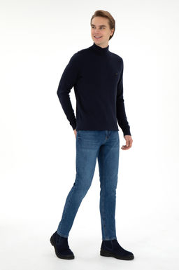 Erkek Slim Fit Yar_m Bal_k__ Yaka Lacivert Basic Kazak