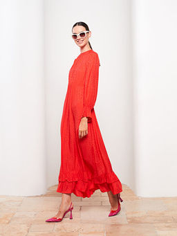 Bisiklet Yaka Desenli Uzun Kollu Saten Kad?n Elbise