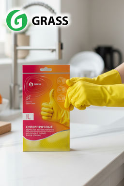 GRASS перчатки латексные хозяйственные Суперпрочные размер-L Желтые