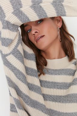 Ekru Genis Kal?p Cizgili Triko Kazak TWOAW23KZ00516 - Trendyolmilla фото 2