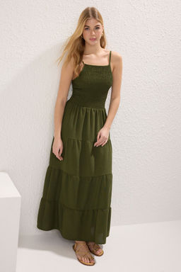 Haki Duz Etegi Belden Ac?lan Gipeli Maxi Dokuma Elbise TWOSS25EL00586