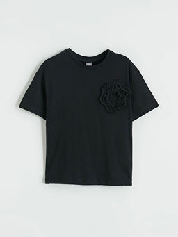 Bisiklet Yaka ?i?ek Aplikeli K?z ?ocuk Ti??rt