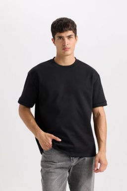 Oversize Genis Kal?p Bisiklet Yaka Basic Duz K?sa Kollu Ag?r Kumas Tisort