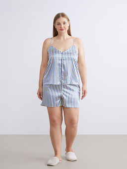 V Yaka ?izgili Ask?l? Kad?n ?ortlu Pijama Tak?m?