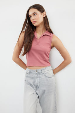 Trendyolmilla Siyah Fitted/Vucuda Oturan Polo Yaka Crop Esnek Orme Bluz TWOSS22BZ0335  фото 22